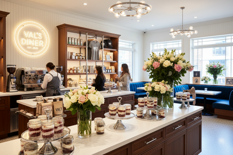 Create image of shopping in upscale Val's Diner with sells cake jar desert, merch, flowers, coffee, gifts