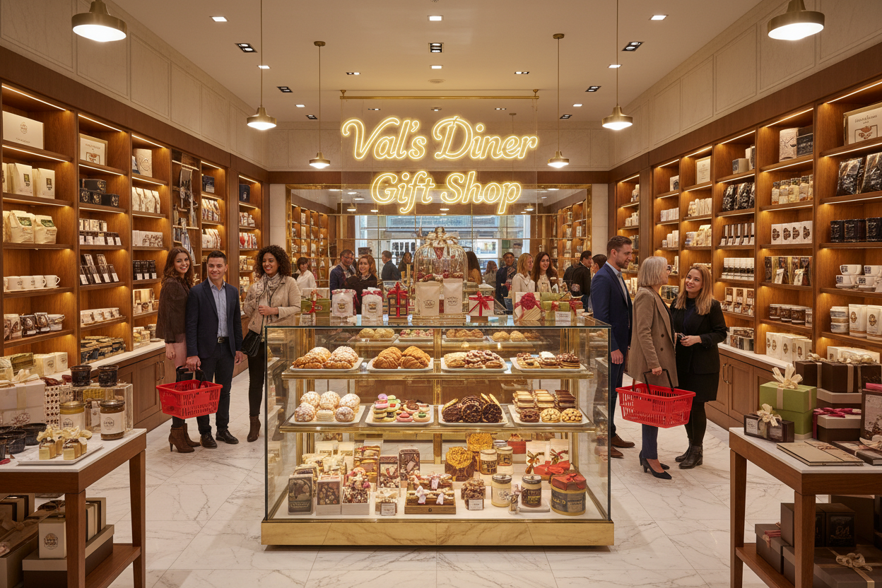People shopping Upscale luxury giftshop, bright lighting, bake goods, merch, the sign says Val's Diner Gift Shop. Upbeat energy. 